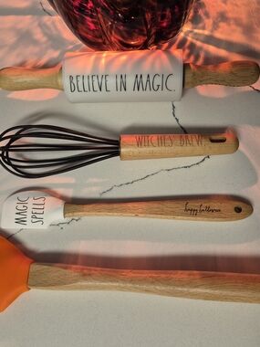 Rae Dunn Halloween Baking Utensil Set - White, Black, Orange, Wood